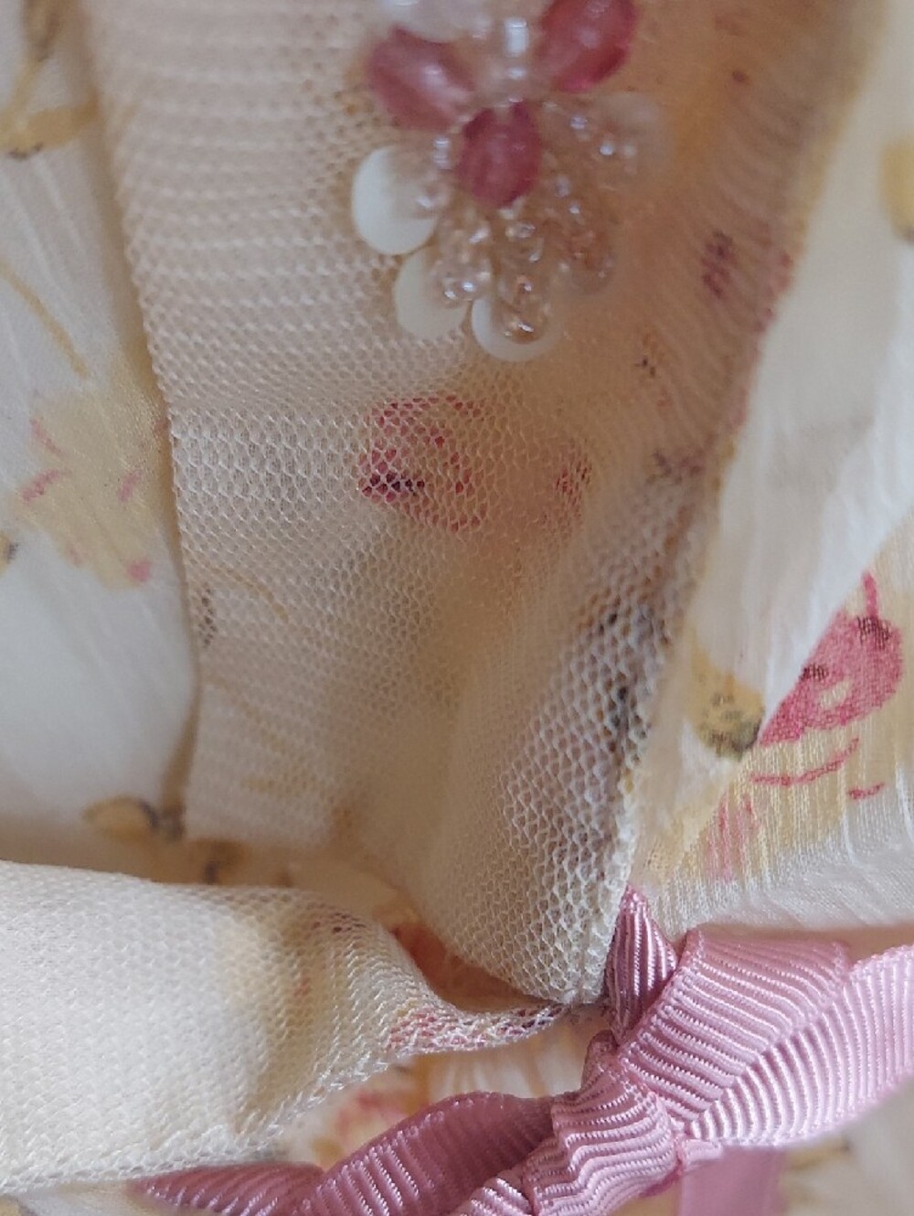 Women's Sheer Floral Tie-Front Blouse - Cream with Pink Floral - Picture 9 of 10